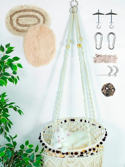 KARCEEY Macrame Cat Hammock - Hanging Cat Bed for Wall & Window - Boho Swing with Full Hardware Kit & Nip Toy - Stable Heavy Duty Design for Large & Senior Felines up to 60lbs