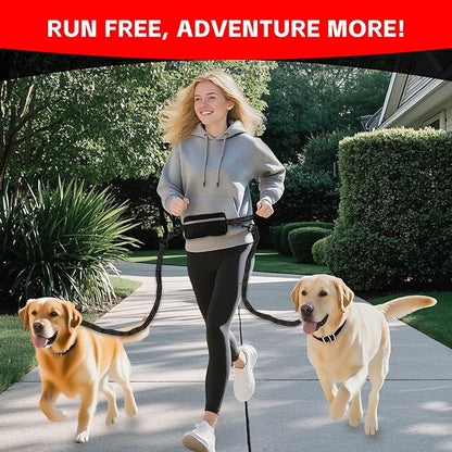 Hands Free Dog Leash for 2 Dogs with Waist Belt & Large Pouch, Waist Leash for Dog Walking, Running & Hiking, Double Retractable Dog Leashes for Medium/Large Dogs with Dual Handles, Black