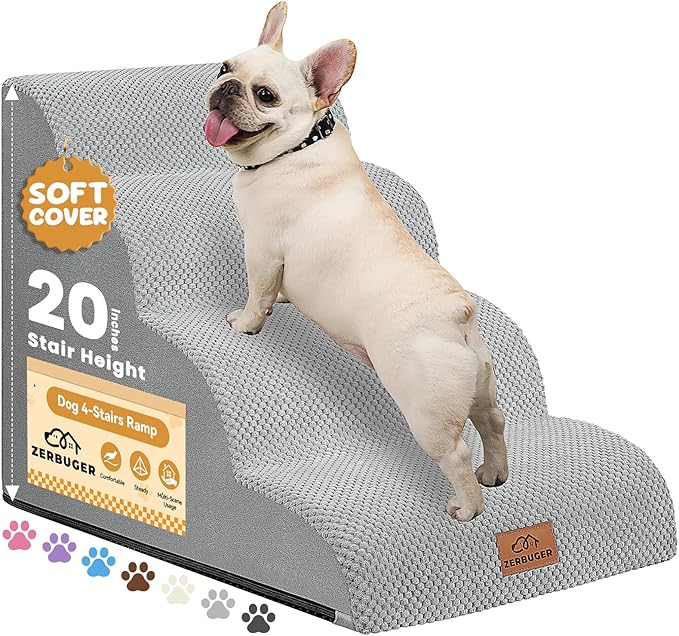 Dog Ramp and Stair for Bed 16" H-20 H,3-Step Cat Stair for Sofa and Chair,4-Step Dog Ramp for High Bed and Window,Durable Nonslip Fabric Cover for Indoor (Light Grey-20 H, Pet Friendly, 4)