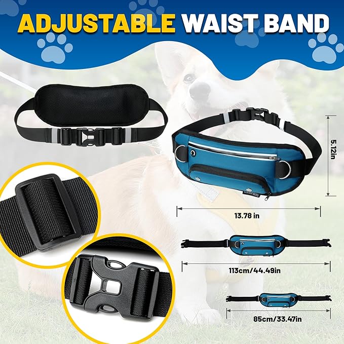 Hands Free Dog Leash with Pouch,Adjustable Waist Running Leash with Water Bottle Holder,Dual Padded Handles and Retractable Bungee for Walking Jogging Training Hiking (Blue)