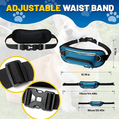 Hands Free Dog Leash with Pouch,Adjustable Waist Running Leash with Water Bottle Holder,Dual Padded Handles and Retractable Bungee for Walking Jogging Training Hiking (Blue)
