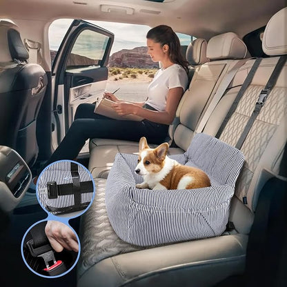 Dog Car Seat for Small Dogs, Pet Booster Seat with Clip-On Safety Leash and Storage Pockets, Washable Travel Dog Car Bed for Puppy (Blue White)