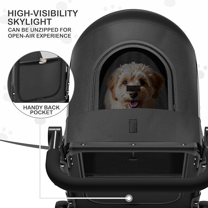 MoNiBloom Pet Stroller for Large Dogs or Multiple Dogs Cats with Adjustable Handle, 3-Wheels Dual Entry Portable Dog Carting Easy Folding Pet Wagon Double Dog Stroller up to 55 lbs, Black