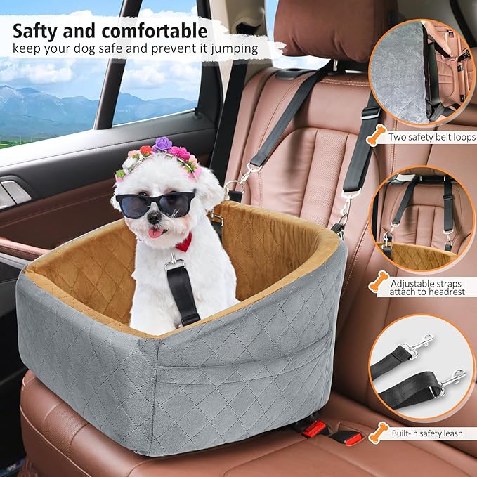 NEEZUKAR Dog Car Seat for Small Medium Dogs,Detachable Washable Dog Booster Seat Under 30lbs, Pet Car Seat Travel Bed with Storage Pockets and Dog Safety Belt(Grey/Brown)