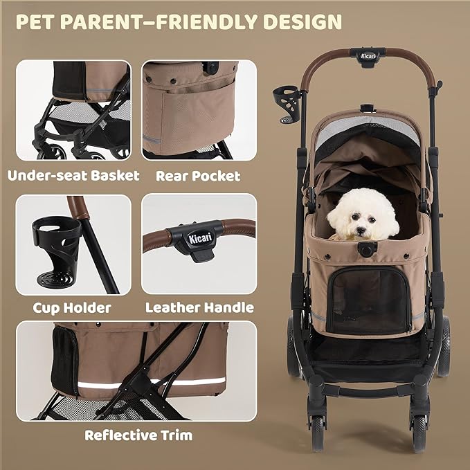 All-Terrain Dog Stroller for Small to Medium Dogs, Pet Stroller for Dogs & Cats Outdoor Walks, One-Hand Easy Fold, Double-Layer Anti-UV & Waterproof Canopy & Breathable Mesh, Mocha Brown