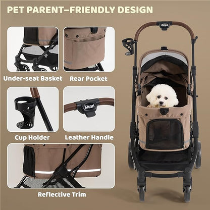 All-Terrain Dog Stroller for Small to Medium Dogs, Pet Stroller for Dogs & Cats Outdoor Walks, One-Hand Easy Fold, Double-Layer Anti-UV & Waterproof Canopy & Breathable Mesh, Mocha Brown