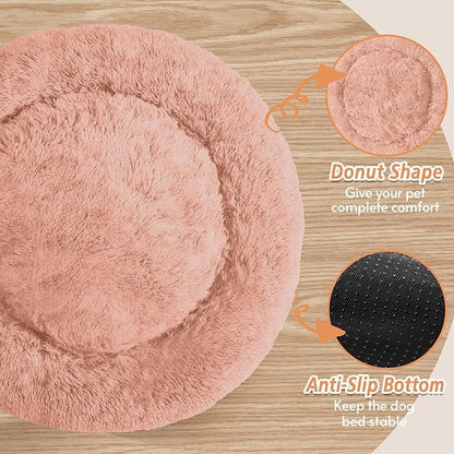JOLLYVOGUE Calming Dog Bed Medium Size Dog, 31in Donut Washable Medium Pet Bed, Anti-Slip & Anti-Anxiety Fluffy Faux Fur Round Dogs Bed, Fits up to 45 lbs Pets (Peach Pink)