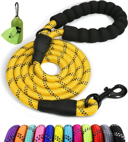 Taglory Rope Dog Leash 5 FT with Comfortable Padded Handle, Highly Reflective Threads Leash and Anti-Tangle Clip for Walking Medium Large Dogs, 1/2 inch, Yellow