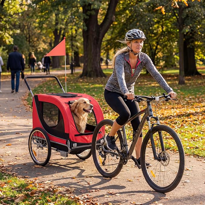 Giantex 2-in-1 Dog Bike Trailer & Pet Stroller for Large Dogs – Foldable Pet Carrier Cart with Front Caster & 2 Air-Filled Tires, Breathable Mesh, PVC Rain Cover, 176 lbs Capacity