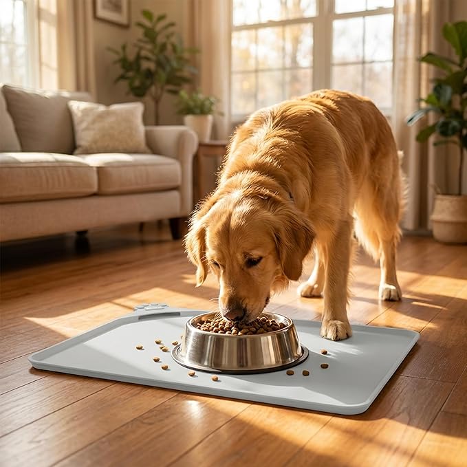 Silicone Pet Food Mat Dog Cat Waterproof Spill Proof Mess Control Easy Clean Floor Protector 18.8L x 11.8W Inch Gray