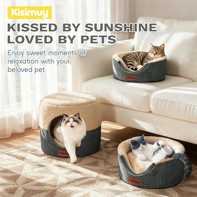 Cat Cave Bed for Indoor Cats, 2-in-1 Convertible Cat House & Lounge with Reversible Plush Cushion – Calming Anti-Anxiety Anti-Slip Pet Bed for Small Dogs & Kittens, Cozy Hideaway Tent, 19.7 inches