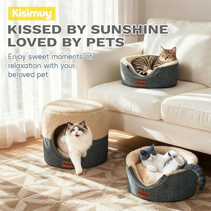 Cat Cave Bed for Indoor Cats, 2-in-1 Convertible Cat House & Lounge with Reversible Plush Cushion – Calming Anti-Anxiety Anti-Slip Pet Bed for Small Dogs & Kittens, Cozy Hideaway Tent, 19.7 inches