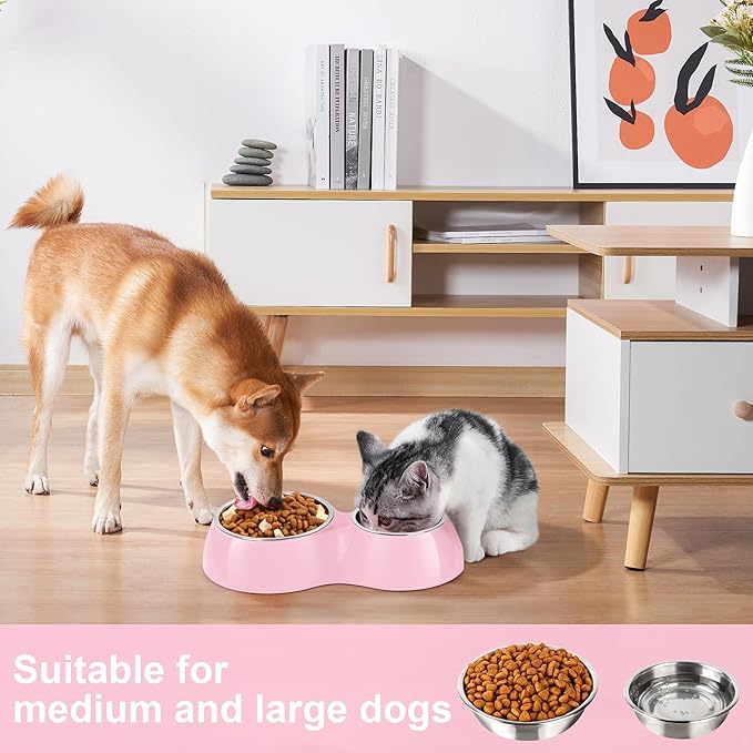 Double Dog Bowls Set – Non-Slip Pet Food & Water Dishes with Resin Stand, Includes Small (1 Cup) & Medium (2 Cups) Bowls – Ideal for Puppies and Cats– Pink