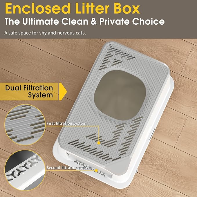 Enclosed Stainless Steel Litter Box, Large Metal Litter Box with Lid, Front & Top Entry, Odor Control & Dog Proof, Scratch-Resistant, Easy Clean (White)