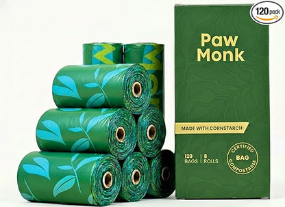 Paw Monk Certified Home Compostable Dog Poop Bags Rolls Refill-120 Bags, Extra Thick 20 Micron, Leakproof & Easy Open doggy poop bags, Unscented