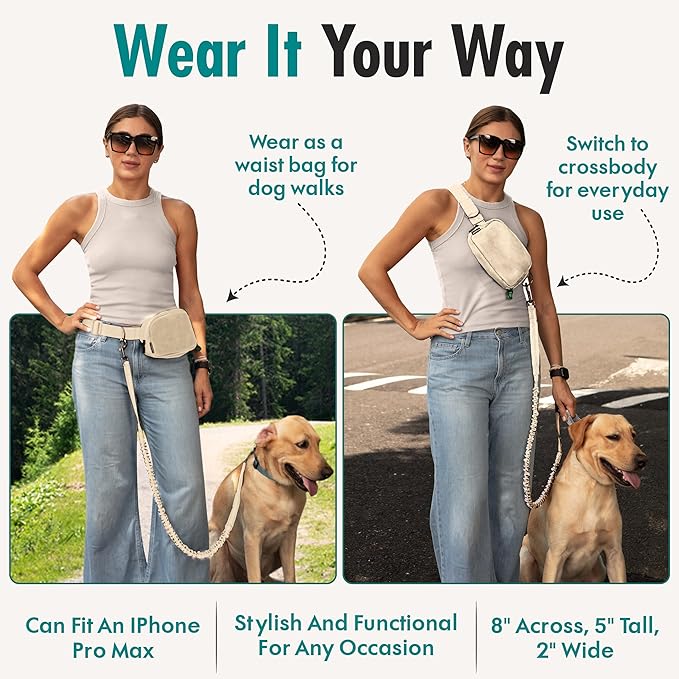 Hands Free Dog Leash with Dog Treat Pouch - Stylish & Trendy Waist Leash for Dog Walking - Wear Around the Waist or Crossbody - Durable & Detachable - Shock Absorbing - Waste Bag Dispenser