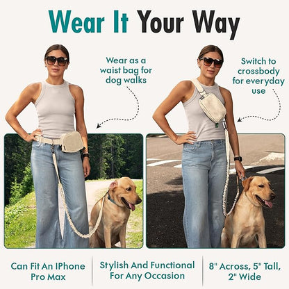 Hands Free Dog Leash with Dog Treat Pouch - Stylish & Trendy Waist Leash for Dog Walking - Wear Around the Waist or Crossbody - Durable & Detachable - Shock Absorbing - Waste Bag Dispenser