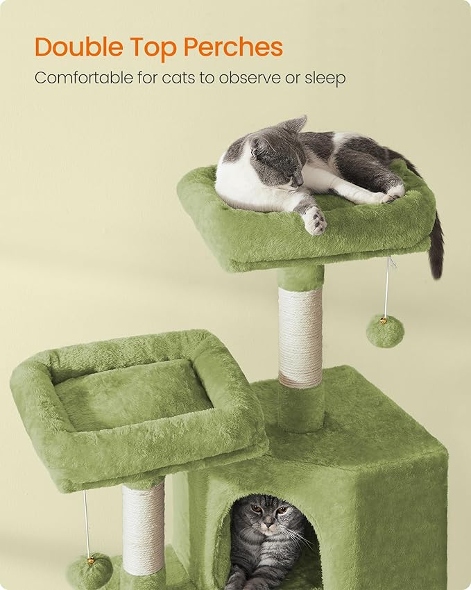 Feandrea Cat Tree, 45.3-Inch Cat Tower, Plush Condo with Scratching Post, Ramp, Perch, Spacious Cave, for Small Space, Grass Green UPCT141C01