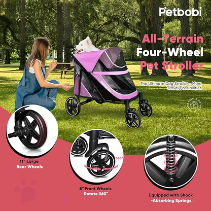 Petbobi Dog Stroller for Large & Medium Dogs - Easy Fold Dual Entry Pet Stroller with One-Foot Brake, All Terrain Wagon Cart with Air Mesh, Ideal for Large Senior Pets up to 80 lbs, Pink