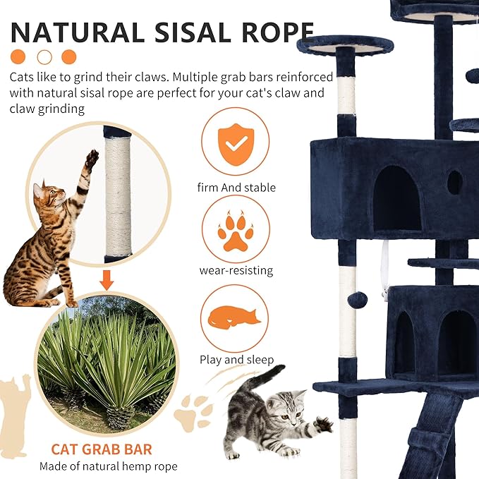 BestPet | 70" Cat Tree Tower | Navy Blue | Sturdy, Easy to Assemble, Multi-Level Activity Center with Sisal Scratching Posts, Condos, Perches, Hanging Cat Toys, Observation Decks & Ladder