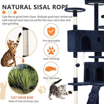BestPet | 70" Cat Tree Tower | Navy Blue | Sturdy, Easy to Assemble, Multi-Level Activity Center with Sisal Scratching Posts, Condos, Perches, Hanging Cat Toys, Observation Decks & Ladder