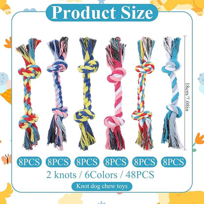 48 Pcs Dog Rope Toys Bulk for Medium and Small Dogs, Multi Color Dental Cotton Puppy Teething Toys 2 Knot Indestructible Chew Tug of War Dog Toys for Aggressive Chewers Supplies