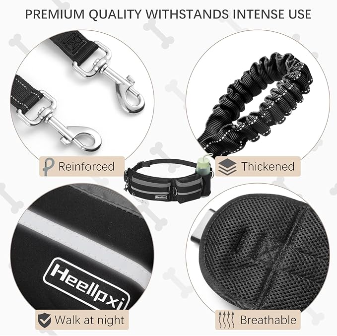 Dog Leash with Waist Belt, Reflective Stitching, Dual Handles, Elastic Retractable Design, Perfect for Running, Black, Suitable for Medium and Large Dogs