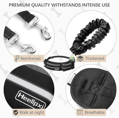 Dog Leash with Waist Belt, Reflective Stitching, Dual Handles, Elastic Retractable Design, Perfect for Running, Black, Suitable for Medium and Large Dogs