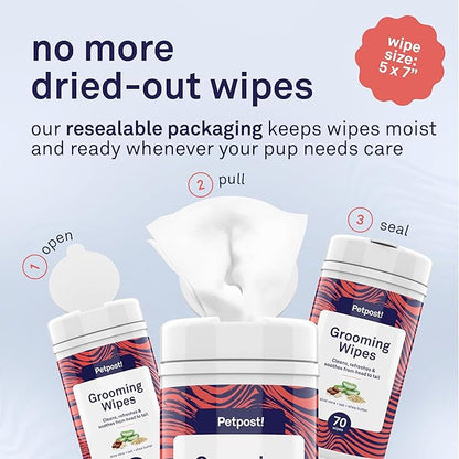 Petpost Large Grooming Wipes for Dogs | 70 Count Deodorizing Dog Cleaning Wipes with Coconut Extract & Aloe | Gentle Pet Wipes with Cherry Blossom Scent for Full-Body Grooming
