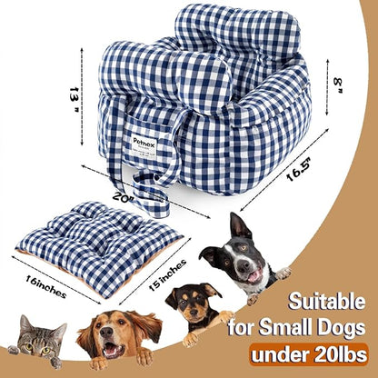 Dog Car Seat for Small Dogs, Portable Puppy Car Seat of Easy Installation, Fashionable Pet Carrier Bag with Large Pockets, Machine Washable Dog Booster Seat (Checkered Navy)