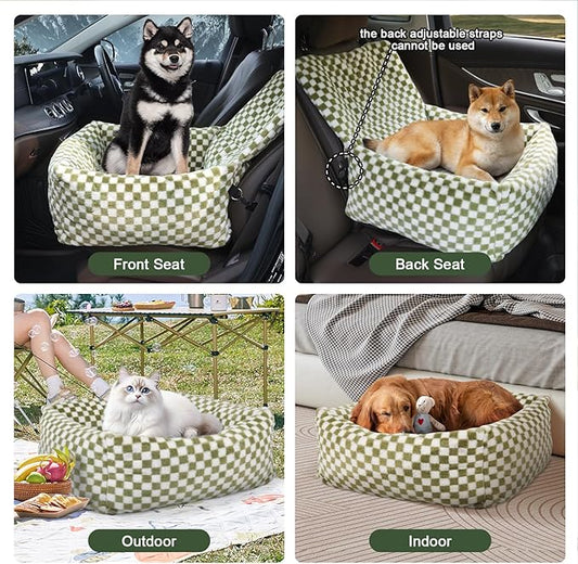 Dog Car Seat for Small Dogs,Medium Dog Car Bed with Detachable Washable Cover,Pet Puppy Booster Cars Seats with Safety Belt Up to 30 lbs(Grid Green)