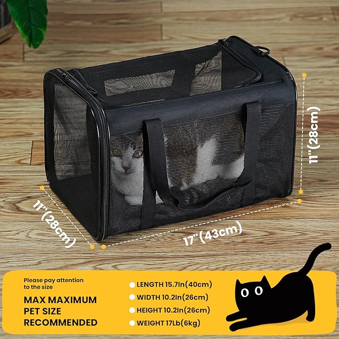 Cat Carrier Bag,Soft-Sided Pet Carriers for Dogs with 4-Sided Mesh,Airline Approved Cat Transport Carrier for Small&Medium Cats Kitten Puppy Up to 15Lb,Collapsible Cat Travel Carrier-M,Black