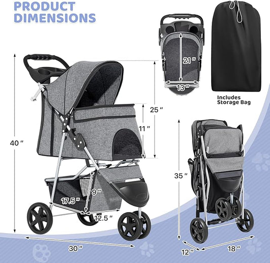 Magshion 3-Wheel Pet Stroller, Foldable Travel Jogger for Small & Medium Dogs & Cats (Up to 33lbs), Lightweight Carrier with Breathable Mesh Cover, Cup Holder & Storage Basket, Gray