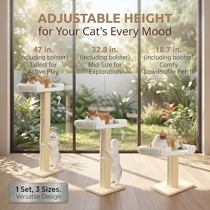 Cat Scratching Post with Large Window Perch - SnugCloud Ultra Soft Bed with Bolster,Adjustable 47" Tall Sisal Scratcher Tree for Maine Coon Big Cat Climbing, Naping and Overlooking