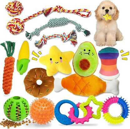 Puppy Teething Toys 15 Pack - Squeaky Dog Toys Plush, Dog Rope Toy, Treat Ball, Puppy Chew Toy for Teething, Entertainment, Training & Interaction