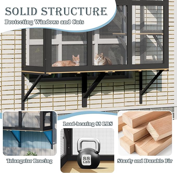 Large Catio Cat Window Box, Outdoor Cats Window Perch Enclosure for Indoor Cats with 4 Jump Platforms & 4 Doors, Kitten Cat Patio House Connected with Tunnels, All Weather Use (Black)