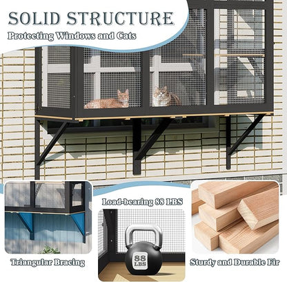 Large Catio Cat Window Box, Outdoor Cats Window Perch Enclosure for Indoor Cats with 4 Jump Platforms & 4 Doors, Kitten Cat Patio House Connected with Tunnels, All Weather Use (Black)
