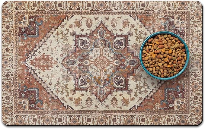 Dog Food Mats for Floors, Absorbent and Quick-Drying Pet Cat Food Mat,Anti-Fouling and Easy-to-Clean Pet Feeding Mat,Dog Bowl Mat for Messy Drinking Water Bowls.17 x32, Bohemia Style