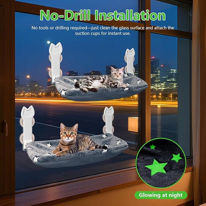 2 Pack Cat Window Perch, Glow in The Dark Foldable Cat Window Hammock with Sunken Design, Removable Soft Cover, Breathable Cordless Window Bed for Cats Inside Holds up to 40lbs (Star Grey)
