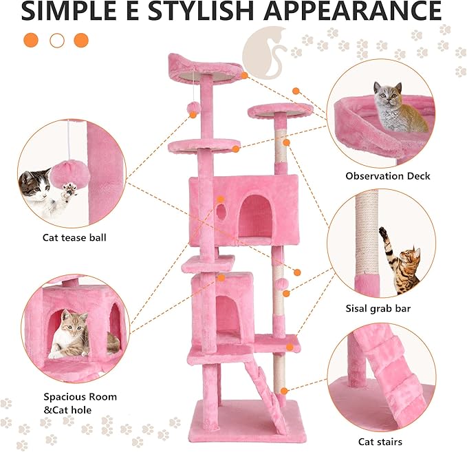 BestPet | 70" Cat Tree Tower | Pink | Sturdy, Easy to Assemble, Multi-Level Activity Center with Sisal Scratching Posts, Condos, Perches, Hanging Cat Toys, Observation Decks & Ladder