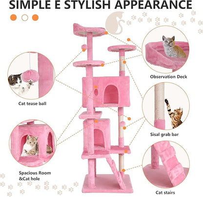 BestPet | 70" Cat Tree Tower | Pink | Sturdy, Easy to Assemble, Multi-Level Activity Center with Sisal Scratching Posts, Condos, Perches, Hanging Cat Toys, Observation Decks & Ladder