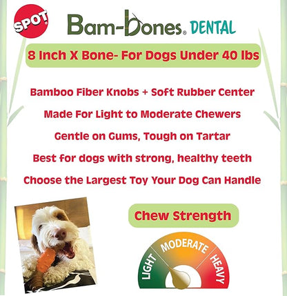 SPOT Bam-Bones Dental X-Bone Dog Chew – Bamboo Fiber with Massaging Rubber Center for Teeth Cleaning – 8in, Apple Flavor, for Light Chewers & Teething Puppies Under 40 lbs