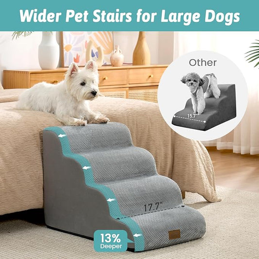 Wide Dog Stairs for Small Dog 19.7" H, Pet Step for Puppy, Older Cat, Curved Ramp for High Bed or Car, Stairs with High Density Foam, Lightweight, Durable, 4 Step, 17.7x28x19.7 inch, Grey