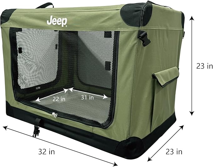 Jeep Portable Travel Crate for Dogs (Rugged Green) Easy Collapsible Soft Sided Kennel Carrier for Pets with Fleece Pad – Gifts for Jeep Owners (32 x 23 x 23 inch - Large)