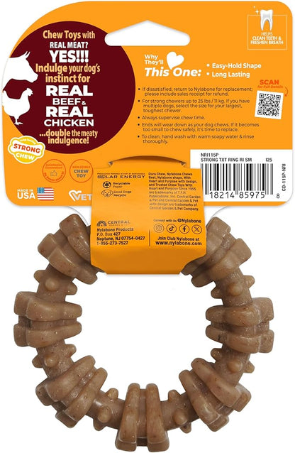Nylabone Strong Chew Textured Ring Dog Toy Made with Real Beef & Chicken, Durable Chew Toys for Aggressive Chewers, Long Lasting Dog Bone, Keeps Dogs Busy, Small Breeds - Up to 25 lbs