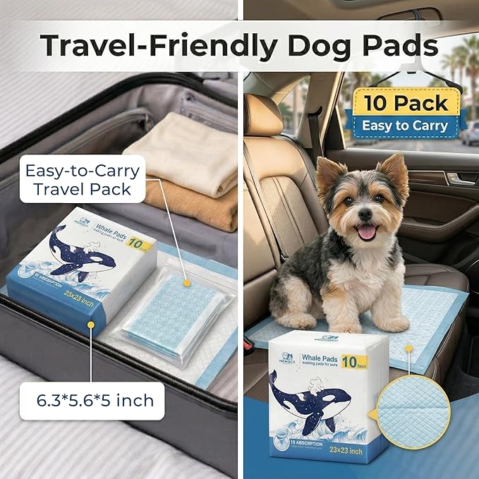 MoMoCo Whale Pads Puppy Pads 10 Pack, Portable Travel Dog Pee Pads, Ultra Absorbent & Leak-Proof, Ideal for Trips, Car, Hotel & Emergency Use