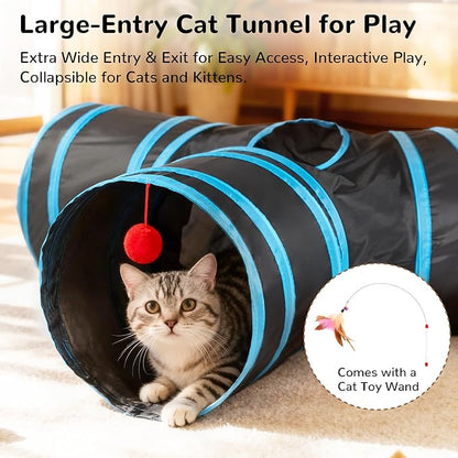 Tempcore Pet Tunnel Tube Cat Toys 3 Way Collapsible, Cat Tunnels for Indoor Cats，Kitty Tunnel Bored Cat Pet Toys Peek Hole Toy Ball, Puppy, Kitty, Kitten, Rabbit Blue Large Size