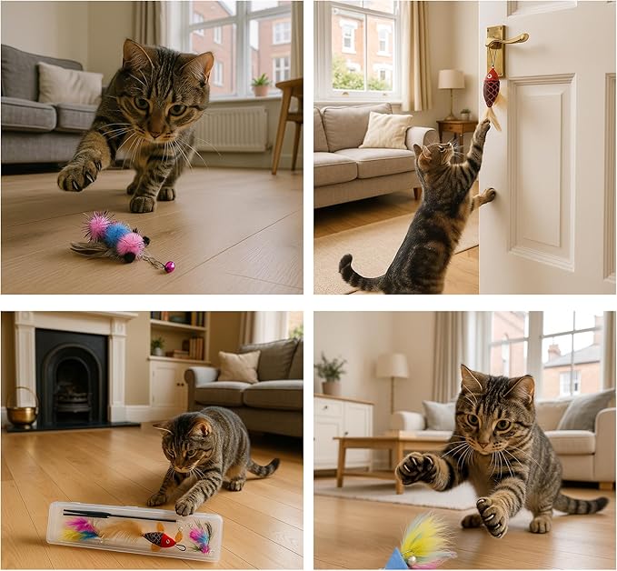 Interactive Cat Wand Toy with 4 Refills and Storage Box – Collapsible Cat Teaser Stick with Catnip Lure, Insect & Ribbon Attachments – Feather Cat Toys for Indoor Cats Enrichment