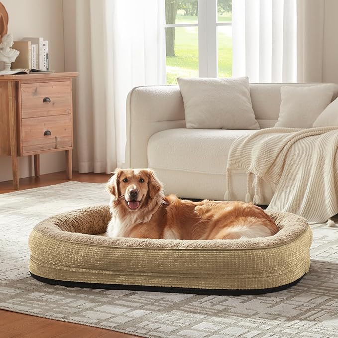 JOEJOY Orthopedic Dog Beds Large Sized Dog, XL Egg-Crate Memory Foam Pet Couch Bed with Bolster Sides, Waterproof Lining, Removable Washable Cover & Non-Slip Bottom, Light Brown