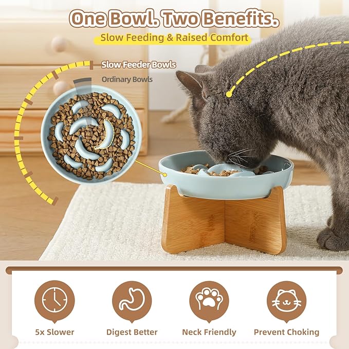 Elevated Slow Feeder Cat Bowl - Ceramic Cat Food Dish with Anti-Slip Bamboo Stand - Whisker Friendly Feeding Bowl - Raised Maze Plate for Slow Down Eating - Pale Blue